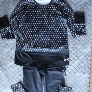 Under Armour Youth Girls Black/White Logo Print Coldgear Top/Pants Set ~XL~ 1345